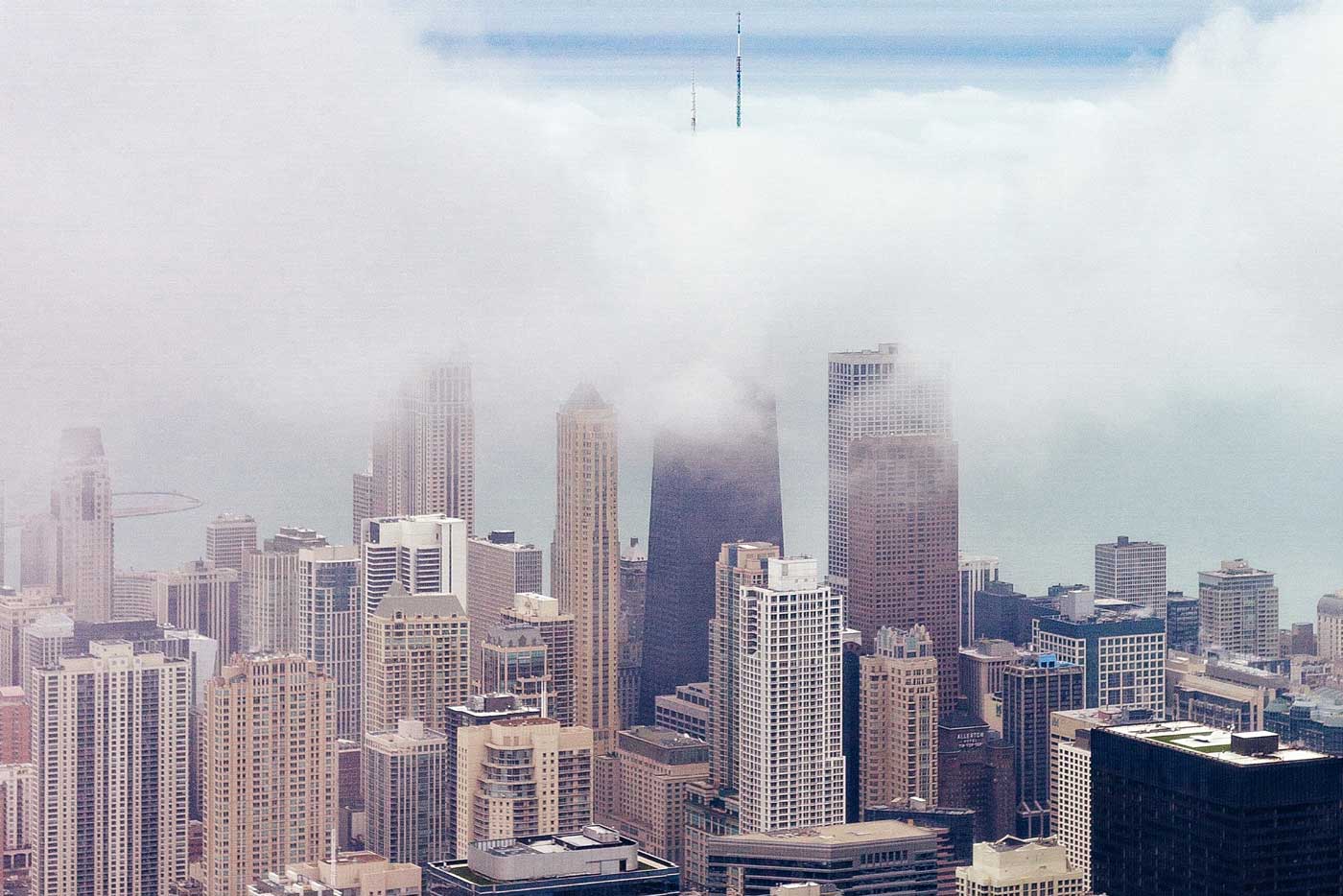 Chicago skyline in the fog.