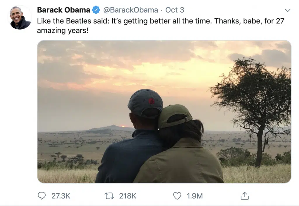 cropped picture of michelle and barack obama for their anniversary on twitter
