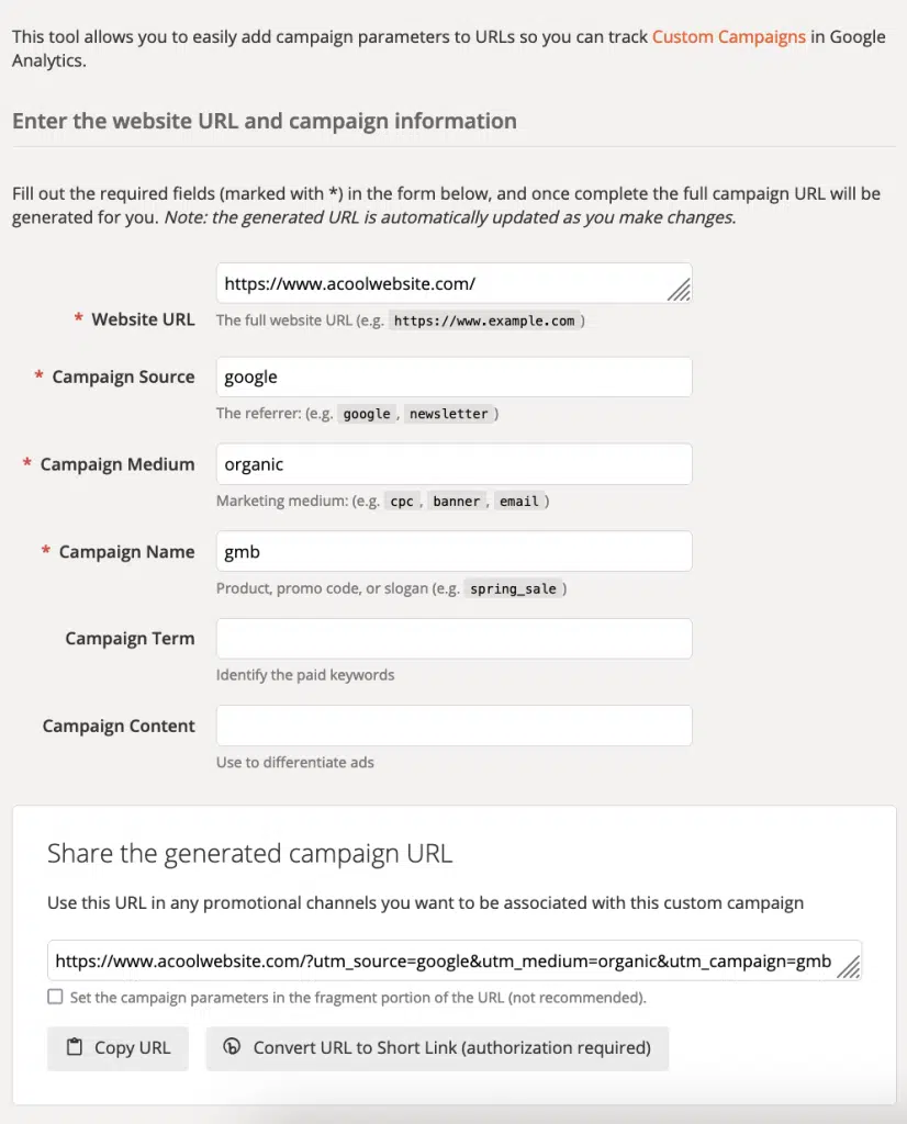 utm parameter fields filled in for a gmb campaign