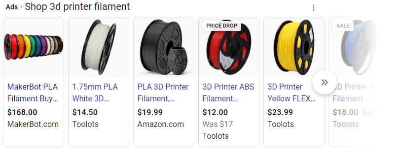 screenshot of google shopping ads for a '3d printer filament' search.