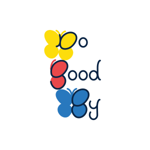 Three stylized butterflies in yellow, red, and blue. The wings of each form the first letters of each word in the phrase "Do Good By." 