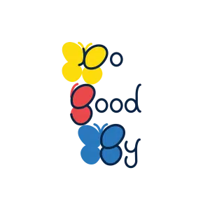 Three stylized butterflies in yellow, red, and blue. The wings of each form the first letters of each word in the phrase "Do Good By." 