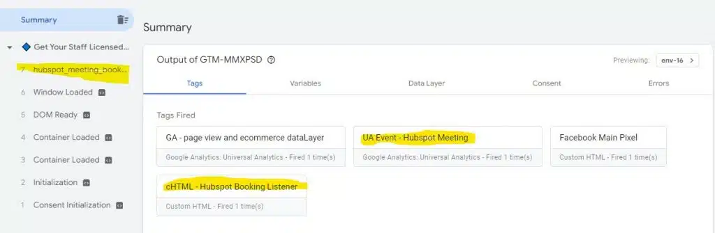 screenshot showing the GTM preview mode with hubspot_meeting_booked event in the dataLayer