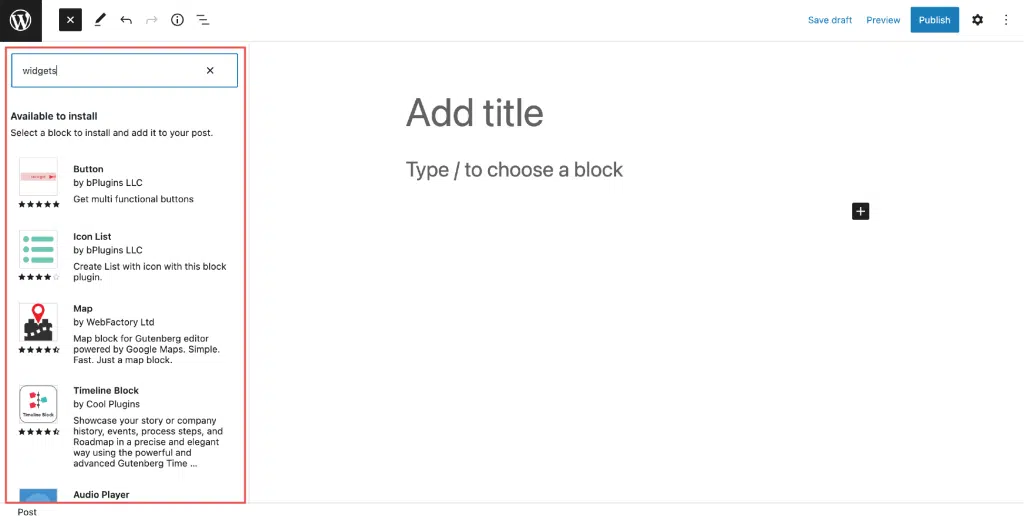 Image of available Widgets & Plug-Ins Block Categories Available from the Block Library