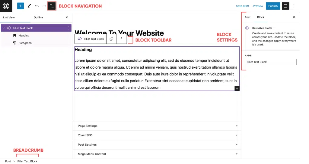 Diagram depicting where to find your Custom Reusable Block in the Block Library