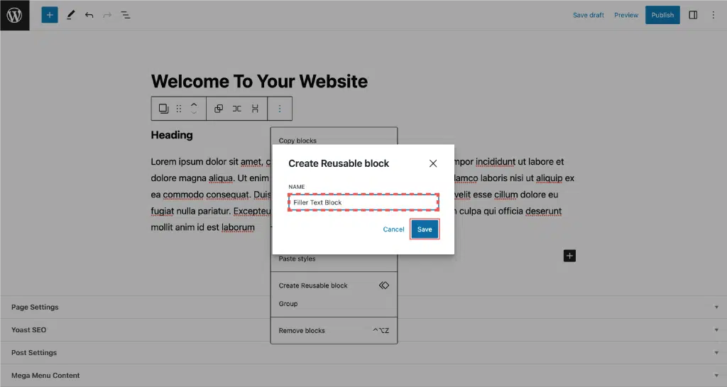 Image showing how to Create a Custom Reusable Block