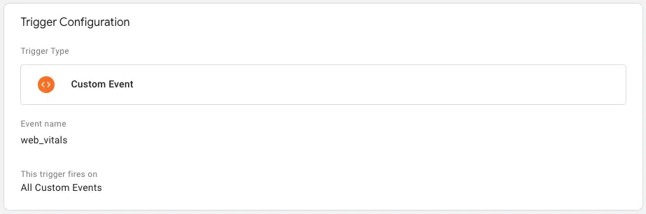 Screenshot of a GTM trigger named web_vitals, configured as described above.
