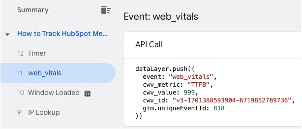 Screenshot of an event in GTM preview mode. For the web_vitals event, the API call shows a Data Layer push including the following:
event: "web_vitals"
cwv_metric: "TTFB"
cwv_value: 999
the cwv_id is a long string of numbers beginning with v3- and the gtm unique event ID is 818.