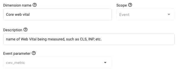 Screenshot of a the custom dimensions edit window in GA4 showing a custom dimension configured as described.