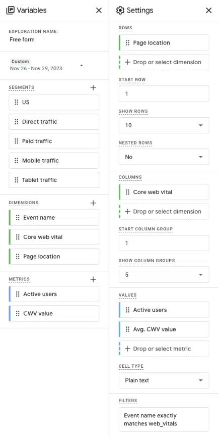 Screenshot of Exploration settings in GA4, configured as described above.