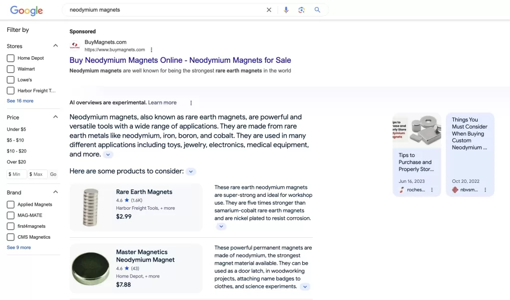 google SGE for 'neodymium magnets' showing ads at the top, followed by AI results, followed by organic shopping.