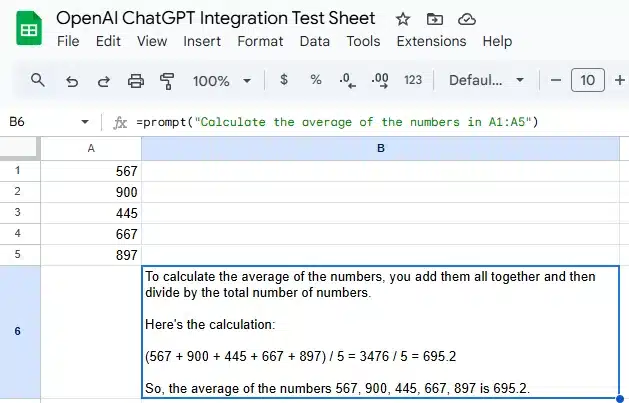 a screenshot of g sheets with chatgpt calculating average from a1:a5